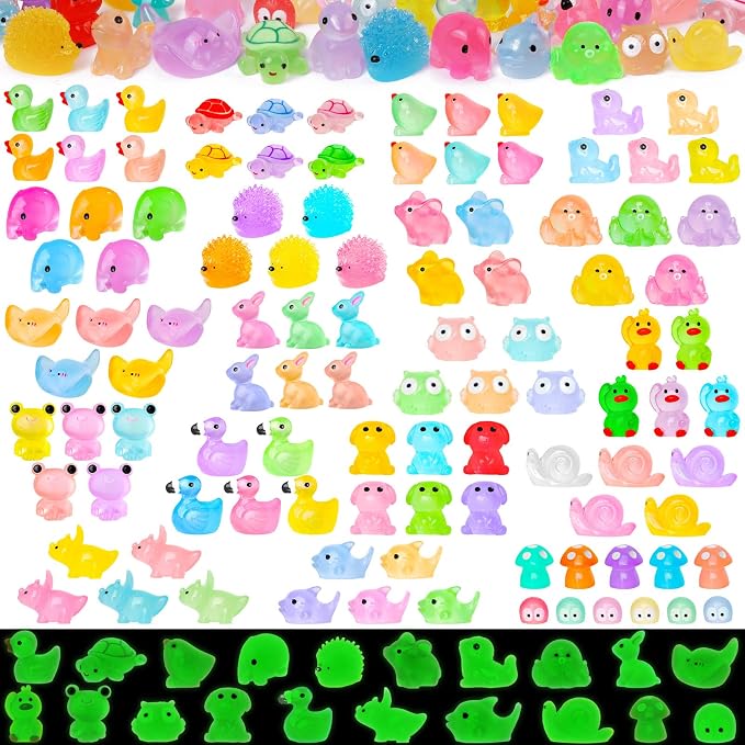 120PCS Luminous Mini Resin Animals 20 Types to Hide Miniature Resin Animals Figures Glow in the Dark Tiny Ducks Owls Frogs Bulk for Micro Landscape Dollhouse Aquarium Potted Fairy Garden DIY Decor