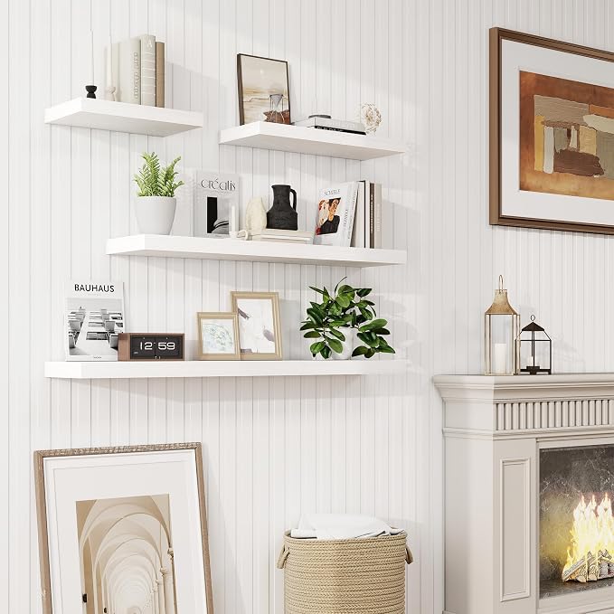 30in Floating Shelves for Wall, 30"W x 9.25"D x 1.25"H, 2 Pack Long Wall Mounted Engineered Wood Shelves with Invisible Brackets for Living Room, Bedroom, Bathroom, Kitchen Decor and Storage, White