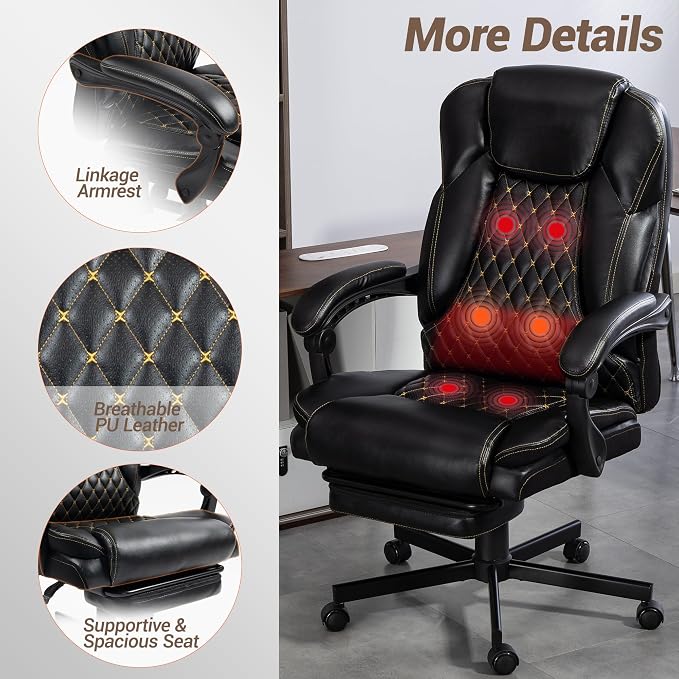 Heated Massage Executive Office Desk Chair with Footrest - Black | 6 Points Vibration Massage System, 5 Massage Modes, 3 Target Areas (Back,Lumbar,Seat), Reclining 90°-135°