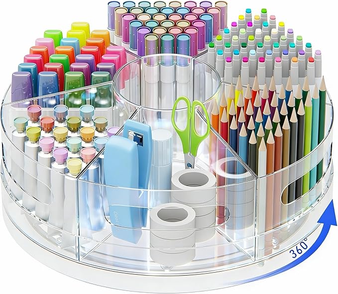 CraftGenes Rotating Desk Organizer, 360° Acrylic Pen Organizer for Desk with 7 Removable Compartments, Extra-Large Pen Holder for Office Supplies, Markers, and Art Supplies, Clear Pencil Holder