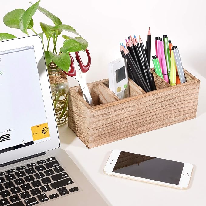 WuGeShop Wooden Pen Pencil Holder for Desk, 4 Compartment Rustic Rectangular Pen Organizer, Wood Desktop Organizer Caddy, Multi Purpose Use for Home School Office Supplies, Stationery
