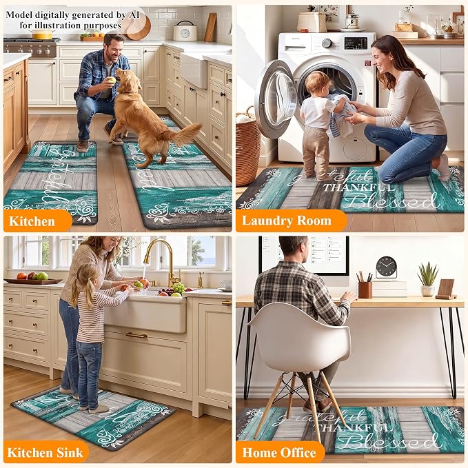 HEBE Anti Fatigue Kitchen Mat Set of 2, Cushioned Kitchen Mats for Floor | Non Slip Waterproof Kitchen Rug and Runner Set, Farmhouse PVC Foam Comfort Mat Floor Carpet for Sink, Standing Desk, Laundry