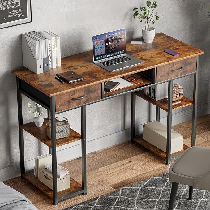 DUMOS 48" Small Computer Home Office Desk for Bedroom with Drawers, Gaming Writing Study Table with Storage Shelf, Adjustable Feet, Metal Frame Natural Brown