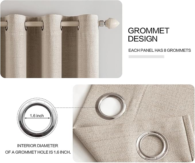 MIULEE 100% Blackout Linen Textured Curtains for Bedroom Solid Thermal Insulated Taupe Grommet Room Darkening Curtains & Drapes Luxury Decor for Living Room 52 x 96 Inch (2 Panels)