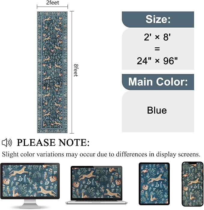 DUKINO Runner Rug, 2x8 Washable Kitchen Rugs for Hallways with Non Slip Backing, Soft Low Pile Vintage Animal Runner for Kitchen, Hallway, Entryway, Laundry, Bedroom, Blue