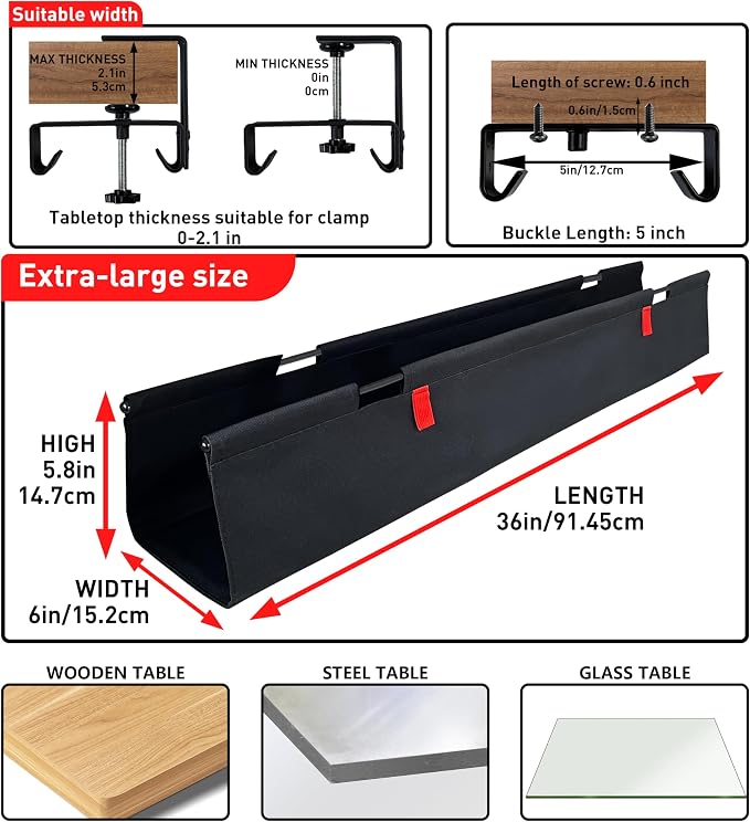 Under Desk Cable Management No Drill – 36" L x 6" W Cord Organizer, Upgraded Silicone Pads (No Scratch), 16 Cable Slots, Washable PE Honeycomb Base, Fits Desks 0–2.1" Thick, Black