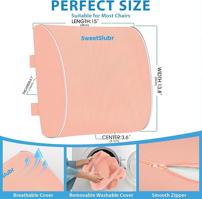 SweetSlubr Lumbar Support Pillow for Office Chair, Car & Gaming Chair, Ergonomic Memory Foam Cushion for Back Comfort,Zoned Back Support, Double Adjustable Straps,Breathable Washable Cover(Pink,Large)