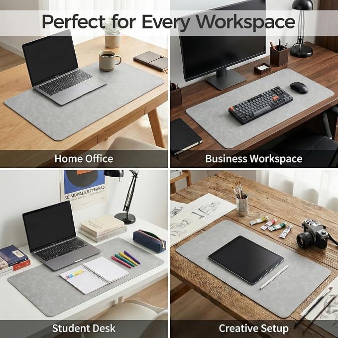 Premium Faux Leather Desk Mat & Tray Set，Innovative Cork-Look Printed Base，Gift Tube Packaging，Full-Desk Coverage，Non-Slip Desk Pad for Office Home（Mist Gray）