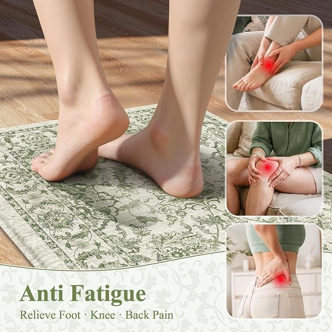 KIMODE Anti Fatigue Mats for Kitchen Floor Non Slip,Boho Vintage Floral Rugs Sets of 2,Cushioned Carpet Non Slip for Laundry,Wide Memory Foam Runner for Sink Office,Green 20"x47"+20"x32"
