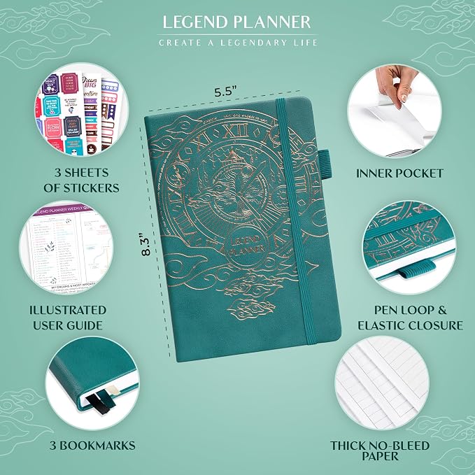 Legend Undated Weekly Planner – Goal Planner Journal & Organizer Notebook – Agenda Book with Monthly Calendar & To-Do List, A5 (Viridian Green, Gold)