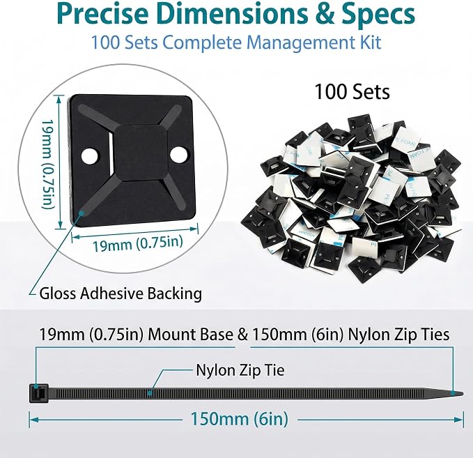 Zip Tie Mounts - SeuYeugX 100PCS Cable Self Adhesive Mounts Set for Wire Management with Stick Pads Anchors Clips Squares Holders (Black)