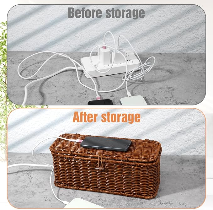 Cable Management Box Handmade Rattan Cable Organizer Stylish Hider Box with 2 Open Slots Desk Decorative Storage for Home Office Power Strips Cord Hider