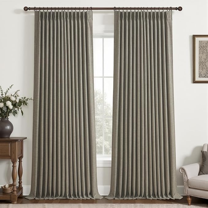 Sepia Ebony Blackout Curtains 86 Inches Long for Classroom 2 Panels Set, Memory Trained Pinch Pleated Insulated Sound Dampening Farmhouse Two Layer Linen Light Blocking Windows Drapes with Hook & Ring