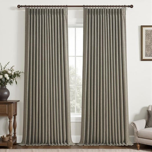 Sepia Ebony Blackout Curtains 86 Inches Long for Classroom 2 Panels Set, Memory Trained Pinch Pleated Insulated Sound Dampening Farmhouse Two Layer Linen Light Blocking Windows Drapes with Hook & Ring