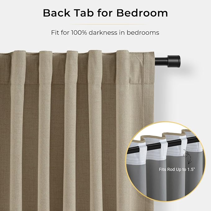 INOVADAY 100% Blackout Curtains for Bedroom, Earthy Beige Black Out Curtains 84 Inch Long, Clip Rings Linen Blackout Drapes, Thermal Insulated Room Darkening for Living Room, 2 Panels - W50xL84