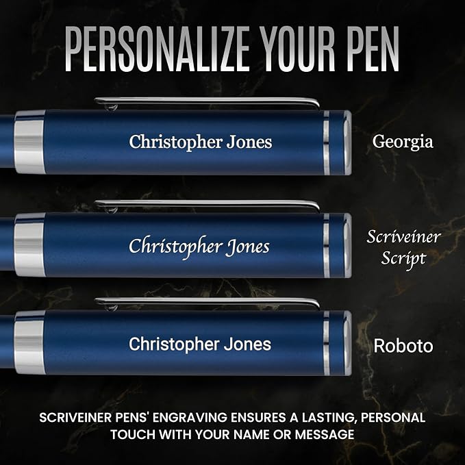 Scriveiner Personalized Blue Rollerball EDC Pen, Stunning Pocket EDC with Chrome Finish, Fancy Engraved Roller Ball Pen Writing Gift Set for Men & Women, Custom Name Engraving