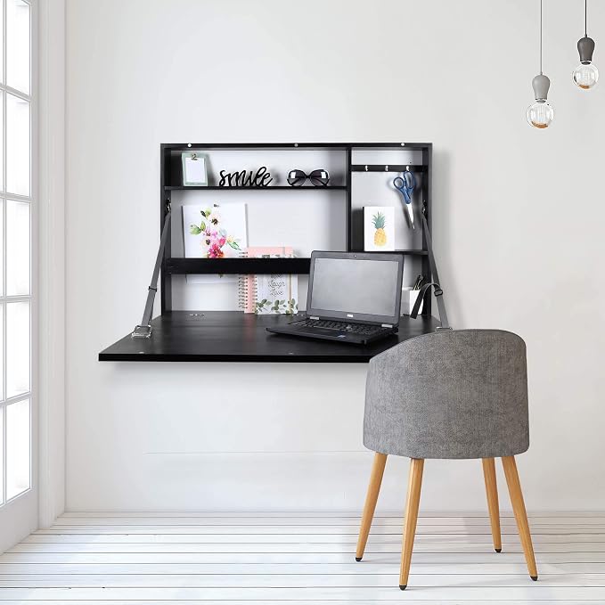 Prinz Work From Home Wall-Mounted Desk, Black Folding With Chalkboard Front, Space-Saving Floating Design, Ready to Hang, Interior Shelves, 36 x 24 x 5 Inches