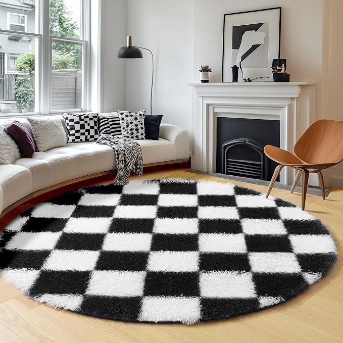 KICMOR Round Rug 4ft for Bedroom, Black and White Fluffy Soft Circle Area Rug Small Fuzzy Shag Shaggy Living Room Carpet, Indoor Checkered Circular Rug for Kids Room Home Decor Aesthetic, Nursery