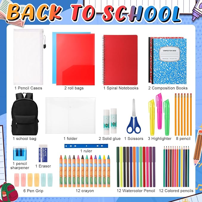 Gilprop 79 Pcs Back to School Supplies Box for Kids K-5 Students Elementary Middle School Supplies Kit Bundle Bulk Essential Pen Notebook Stationery for Primary Student Classroom(Black)