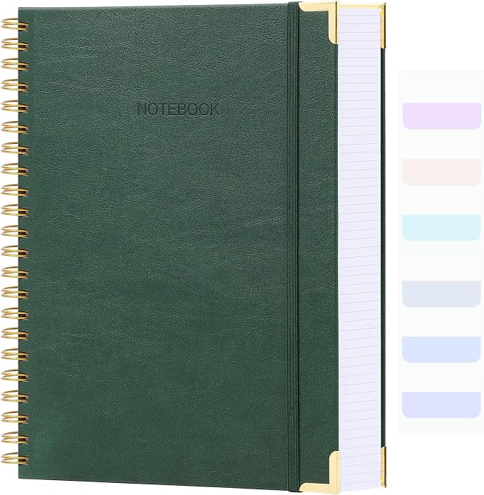 Graph Paper Notebook, 8.5" x 11" Spiral Notebook, 300 Page Hardcover Graphing Notebook for School, Leather Notebooks for Work, Engineering, Thick Large A4 Grid Notebook, 5 Squares, 24Pcs Tabs, Green
