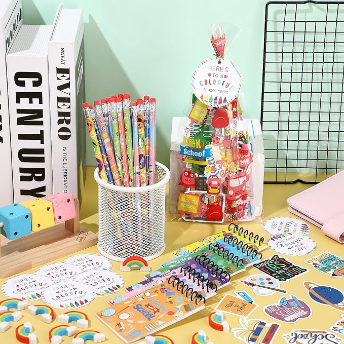 Kolldenn 24 Set Back to School Stationery Set for Students, First Day of School Treat Bags Mini Notebook Pencil Ruler Eraser Sticker Welcome to Schools Gifts for Classroom Gifts Goodie Bags Fillers