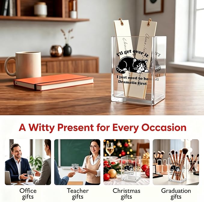 Funny Cat Office Acrylic Cosmetic Pen Pencil Holder Cup, I'll Get Over It I Just Need to Be Dramatic First Cute Pencil Organizer, Humor Desk Decor, Emotional Support Gifts for Women Men （A28）