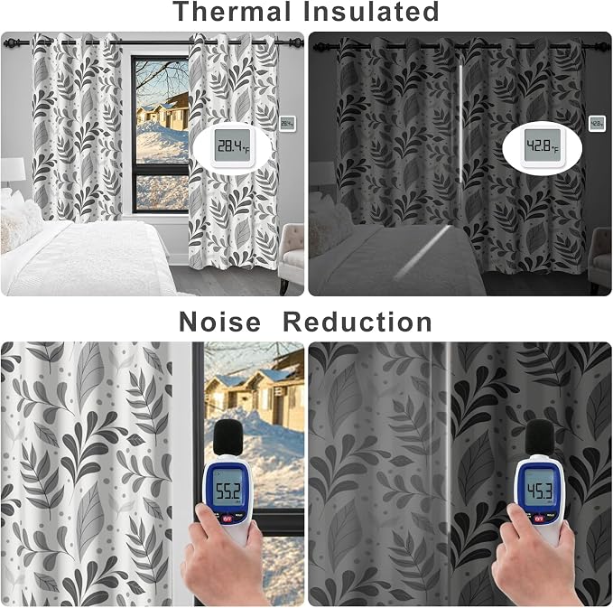 Blackout Curtains for Bedroom and Living Room, Grey Leaves Patterned Grommet Thermal Insulated Room Darkening Bedroom Curtains 2 Panels Set, Light Filtering Soundproof Black Out Curtains 84 Inch Long