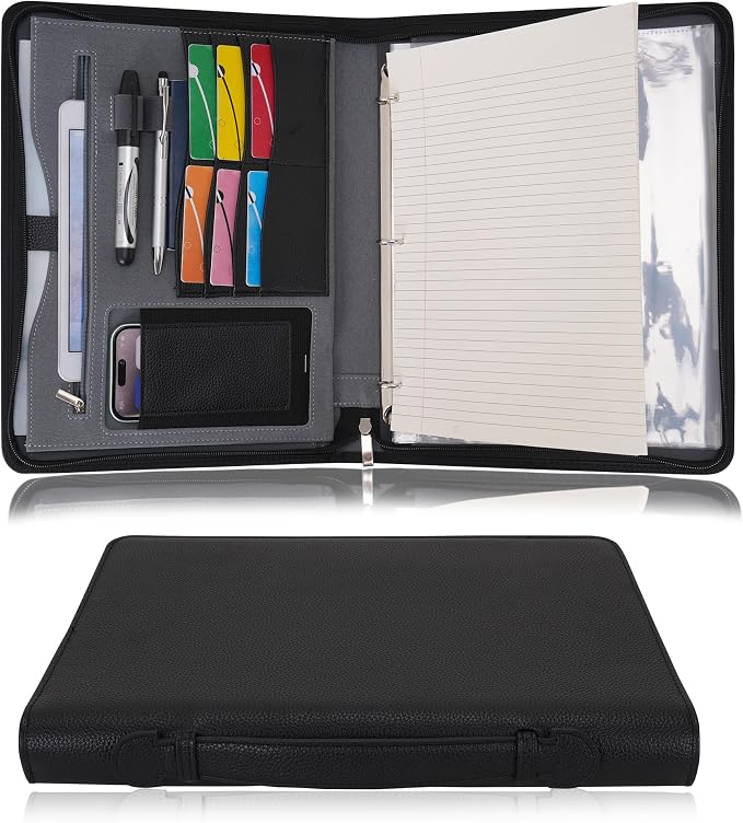 Wonderpool Travel Zippered Portfolio 3 Ring Binder A4 Padfolio Document Case with Removable Clipboard Legal Pad Holder, Business Office School Organizer for Men and Women (Black)