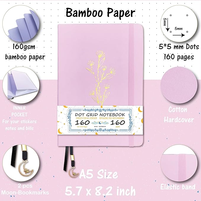 BUKE Dotted Notebook - Cotton Fabric Hardcover - 160gsm Thick Bamboo Paper - A5 Size Dotted Journal - 5x5mm DOT GRID Layout 160 Pages With Gift Box (BKC-6F)