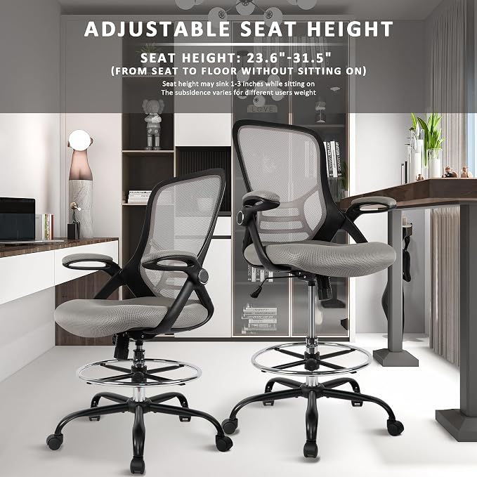 HYLONE Drafting Chair, Tall Office Chair Standing Desk Chair Grey Mesh High-Back Drafting Stool with Flip-Up Arms, Adjustable Foot Ring