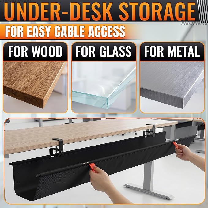 Under Desk Cable Management Tray 48" — No Drill Clamp-On Cord Organizer for Desk with Built-in Ties, Heavy Duty Metal Clamp, Foldable 600D Oxford Fabric for Home Office, WFH & Gaming PC Setup (Black)