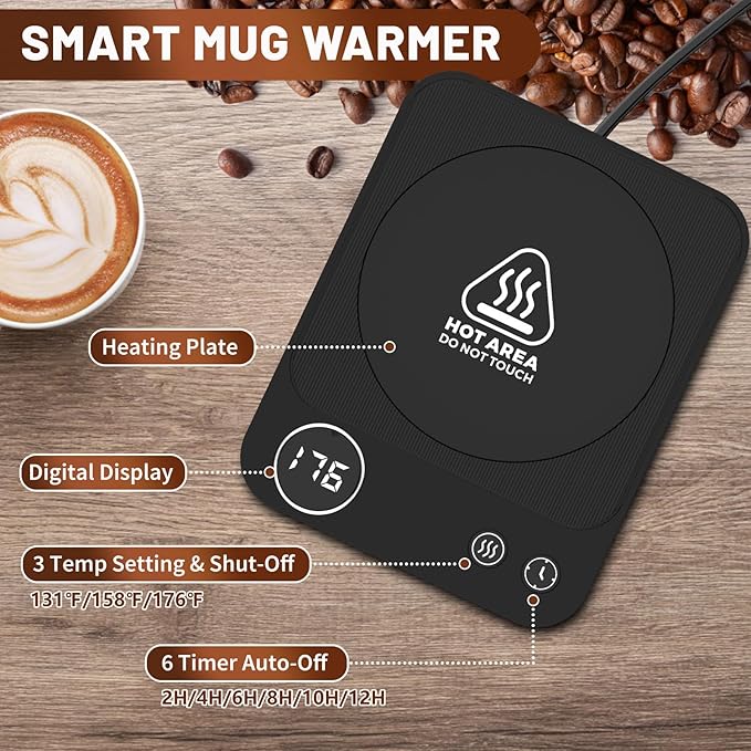 Mug Warmer, 3-Temperature Coffee Mug Warmer, Coffee Warmer with 2-12H Auto Shut Off, Electric Smart Mug Warmer for Desk Digital Display, Portable Coffee Cup Warmer for Milk Tea Hot Chocolate(No Cup)