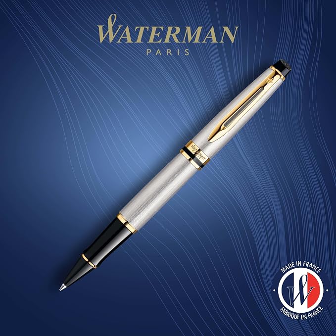 Waterman Expert Rollerball Pen Stainless Steel with 23k Gold Trim Fine Point Black Ink Gift Box