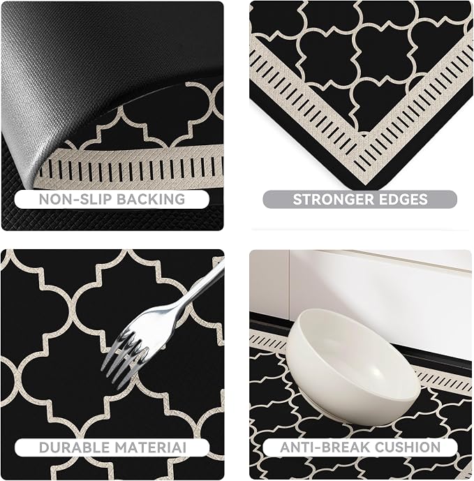 Black Vintage Moroccan Grid Elegance Kitchen Rug Sets [2 PCs], Anti-Fatigue, Waterproof Non-Slip Kitchen Mats Heavy Duty Comfort Foam Rug for Kitchen, Floor, Laundry,17"x29"+17"x47"