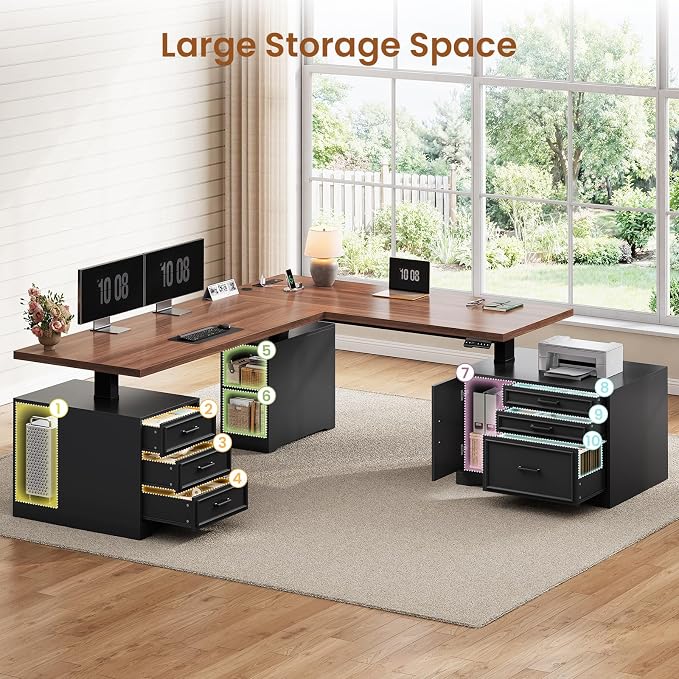 SEDETA Farmhouse L Shaped Electric Standing Desk with File Cabinet, 77 x 55'' Height Adjustable Home Office Computer Desk with 6 Drawers, Power Outlet, Sit Stand Desk, Black