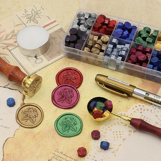 SWANGSA 3D Hydrangea Wax Seal Stamp Kit with 200pcs Sealing Wax Beads, Great for Embellishment of Wedding Invitations, Wine Packages, Gift Wraps