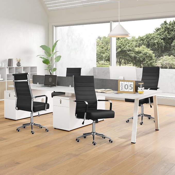 JOMEED Office Desk Chair,Conference Room Chair,High Back PU Leather Swivel | Modern Executive Ribbed Design, Ergonomic, Height Adjustable, Wheels and Arms, for Home Office(Black-Silver Frame)