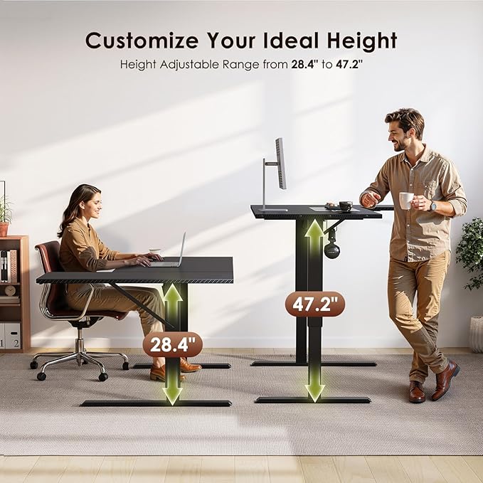 OffiGo Electric L Shaped Standing Desk, 55 Inches Height Adjustable Table, Reversible Corner Stand Up Desk, Lifting Computer Table for Home Office, Computer Workstation, Carbon Fiber Black