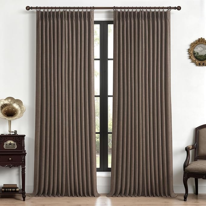 Dark Brown 108 Inch Extra Long Floor to Length Curtains 2 Panels for Sliding Glass Doors, Memory Trained Pinch Pleated Blackout Dual Layer Flax Linen Thermal Noise Cancelling Luxury Curtain & Drapes