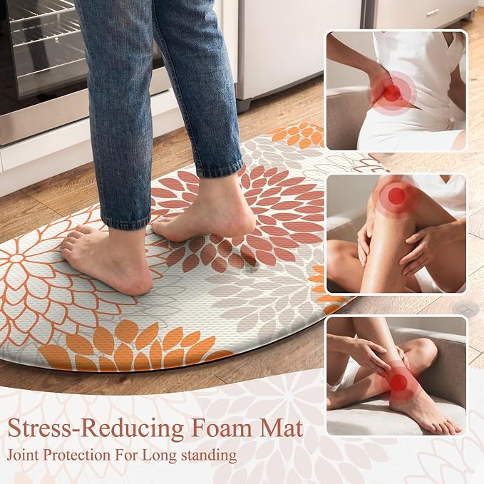 KIMODE Half Circle Anti Fatigue Mats for Kitchen Floor Kitchen Mats 2PCS | 18"x28+18"x28",Orange,Dahlia Floral Boho,Kitchen Rugs 2pcs,Non Slip,Waterproof,for Sink Office Laundry Bathroom Decor