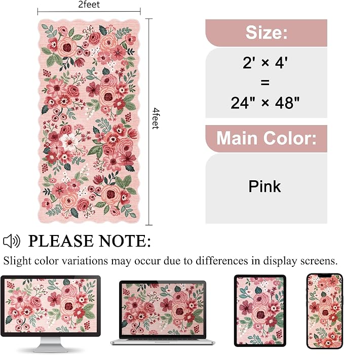 DUKINO 2x4 Washable Runner Rugs, Non Slip Floral Print Entryway Rug with Soft Low Pile, Lightweight Mat for Living Room, Bathroom, Bedroom, Kitchen, Pink