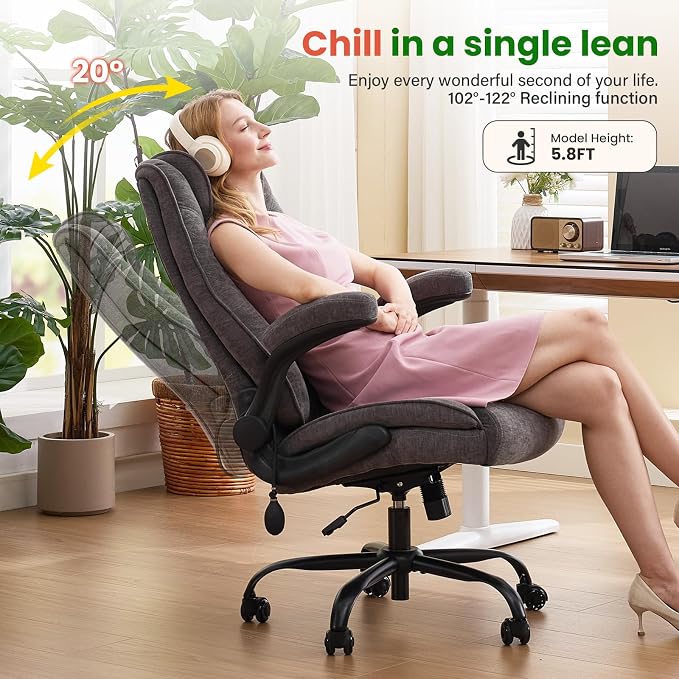 CIOMAN 500lbs Big and Tall Office Chair with Inflatable Lumbar Support, Rubber Wheels Executive Chair with Rocking Function, High Back Wide Cushion Ergonomic Desk Chair for All-Day Sitting,Grey