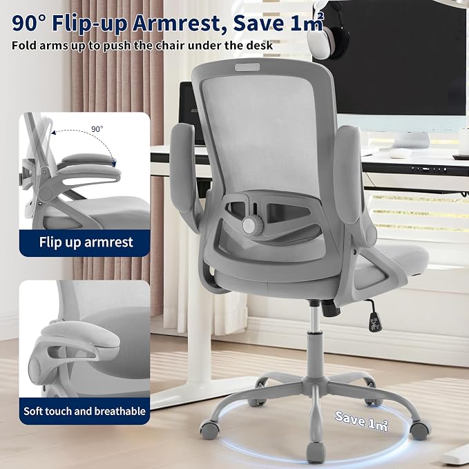 Ergonomic Office Chair, Desk Chair with Adjustable Lumbar Support, Breathable Mesh Comfy Computer Chairs with Flip-up Armrests Executive Task Chair for Adults Home Office (Gray)