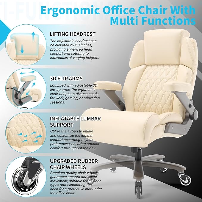 Big and Tall Office Chair 700lbs, Ergonomic High Back Computer Desk Chair | Adjustable Headrest&Lumbar Support, 3D Flip Arms, Large Wheels, Heavy Duty Metal Base, Thick Padded Wide Seat Executive Chair