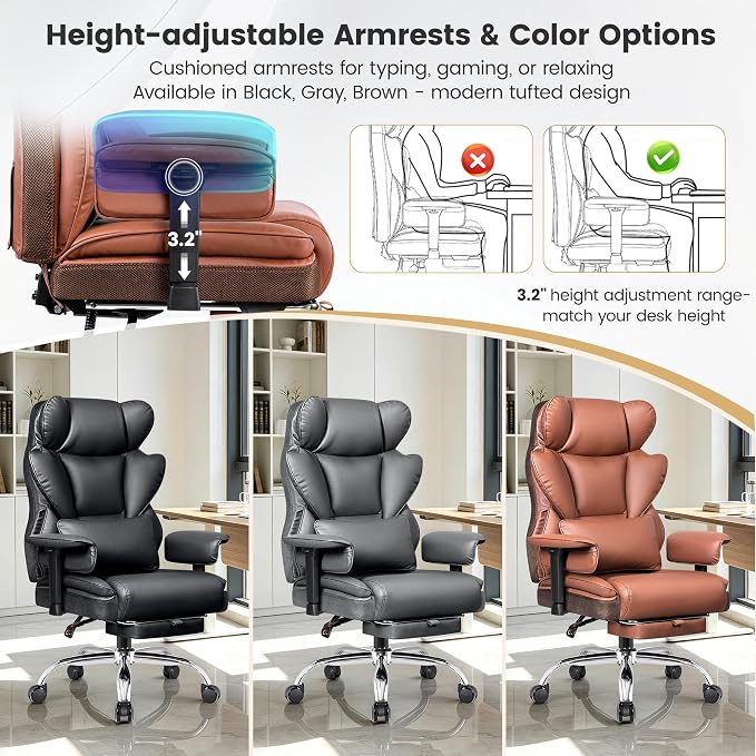 Big & Tall Executive Office Chair, 400 LBS Computer Desk Chair | 23.6" Extra-Wide Seat with Footrest, Ergonomic High Back with Lumbar Support, 3.2" Adjustable Arms, Brown PU Leather, 2 Pack
