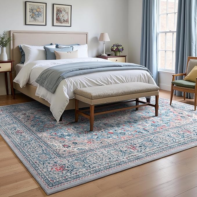 Blue Washable Boho Area Rug, 6x9 Vintage Floral Non Slip Rugs for Living Room Bedroom, Soft Low Pile Indoor Mat, Aesthetic Pattern Carpet for Kitchen and Dining Room