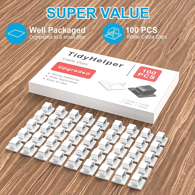 100 PCS Cable Clips White, Upgraded Adhesive Cord Clips for Wires on Wall, Strong Wire Clips Holders for Cord Cable Management, Ethernet Cable, USB, Phone Charger, Cat 6, Car Dash Cam, Small