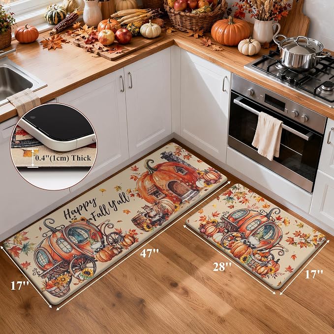 Ileading Fall Kitchen Mats Anti Fatigue, Pumpkin Kitchen Rugs Sets of 2 | Cushioned Non Slip Autumn Kitchen Mats for Floor, Waterproof Padded Floor Carpet for Harvest Thanksgiving