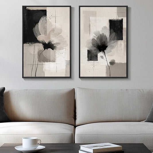 Framed Neutral Abstract Floral Wall Art for Bedroom, Set of 2 Black and Beige Minimalist Canvas Prints Paintings Artwork for Walls, Modern Elegant Pictures for Living Room Dining Room Wall Decor 16x24 In