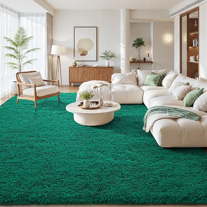 Zentavio Dark Green Area Rugs for Living Room Emerald Green Rugs for Bedroom 9x12 Fluffy Fake Grass Large Carpet for Kids Room Playroom Furry Shag Aesthetic Soft High Pile Washable Home Decor